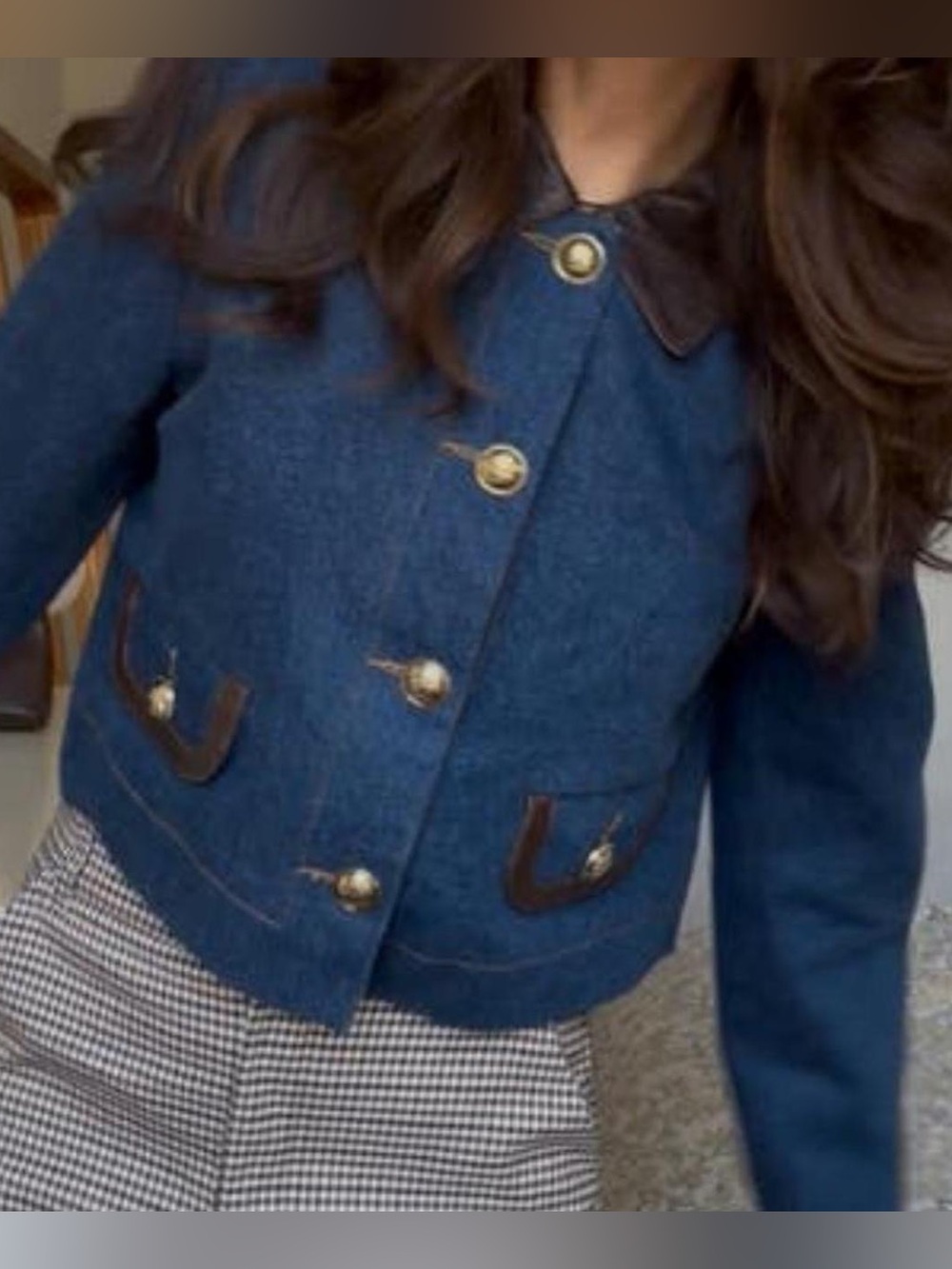 Sandro Blue Denim Jacket with Brown Trim